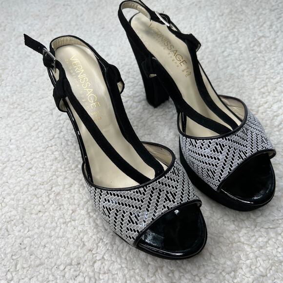 Vernissage di Soffice Sogno Black White Sling Back Sandal Heel 38 - Picture 1 of 13
